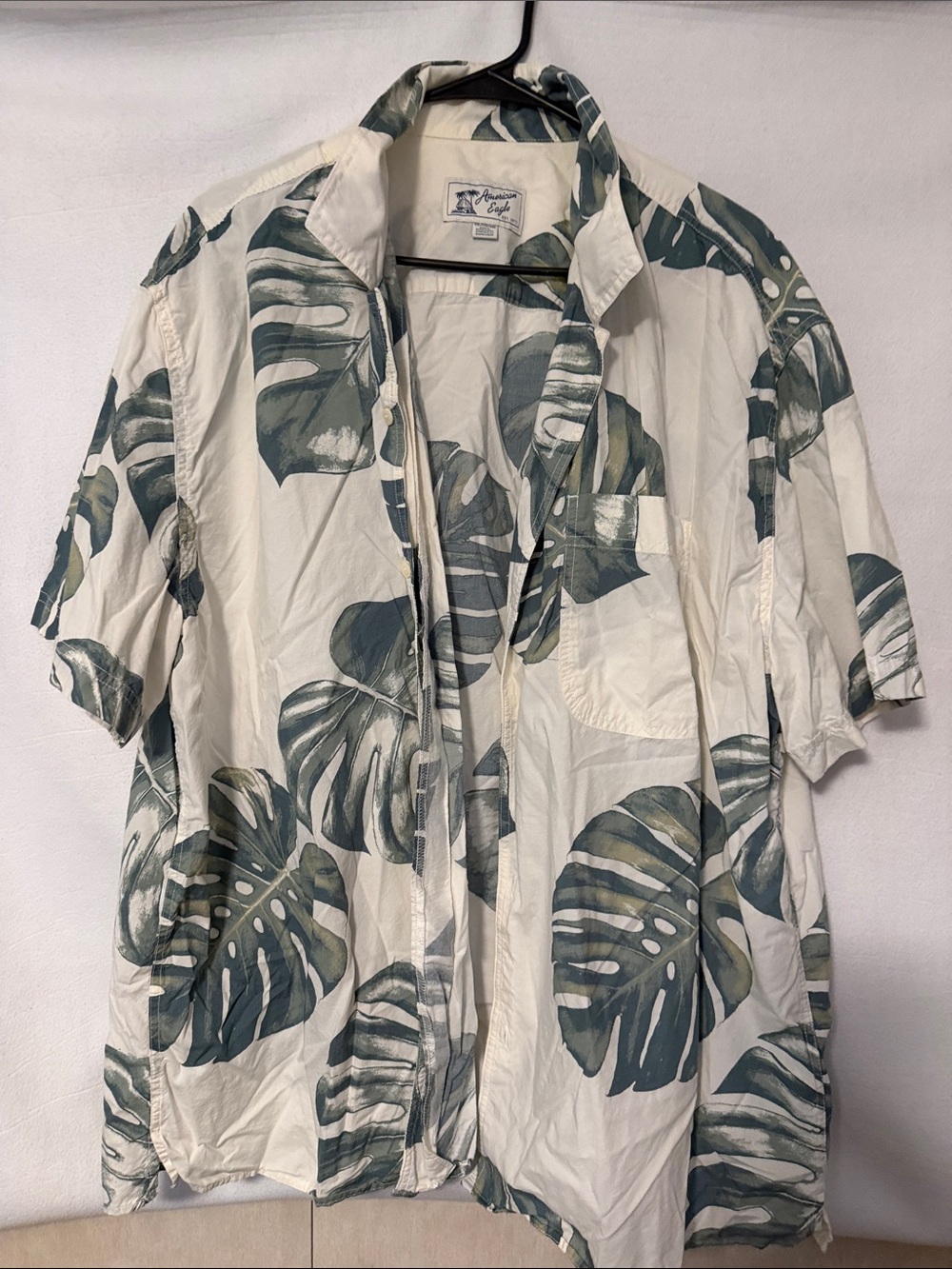 American Eagle Outfitters White Short-Sleeve Shirt with Green Leaf Print